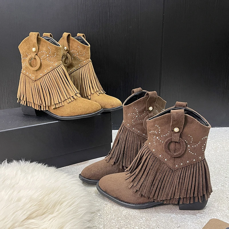 

2025 New Versatile Willow Spike Tassel Booties Block Heel Retro Women's Short Boots