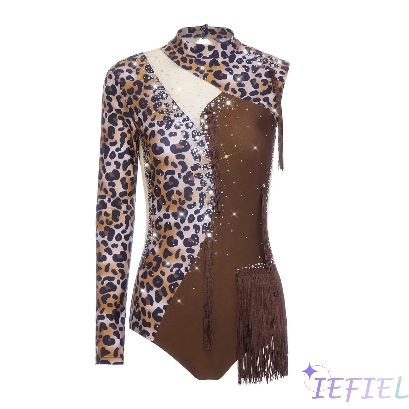 

Womens Gymnastics Modern Dancewear One Sleeve Rhinestones Tassel Detail Printed Bodysuit Ballet Latin Salsa Tango Dance Jumpsuit