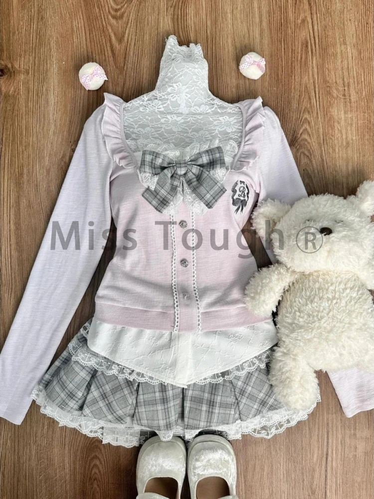 Autumn Japanese College Style Sweet 2 Piece Set Women Patchwork Tops + Lace Gray Pleated Skirt Gray New Korean Fashion Cute Suit