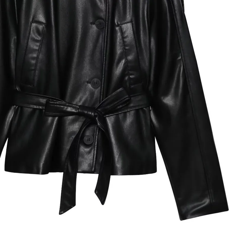 Hksh outono inverno novas mulheres jaqueta de couro do plutônio tendência elegante moda high street turn-down colarinho botão faixas casaco ins hk12769