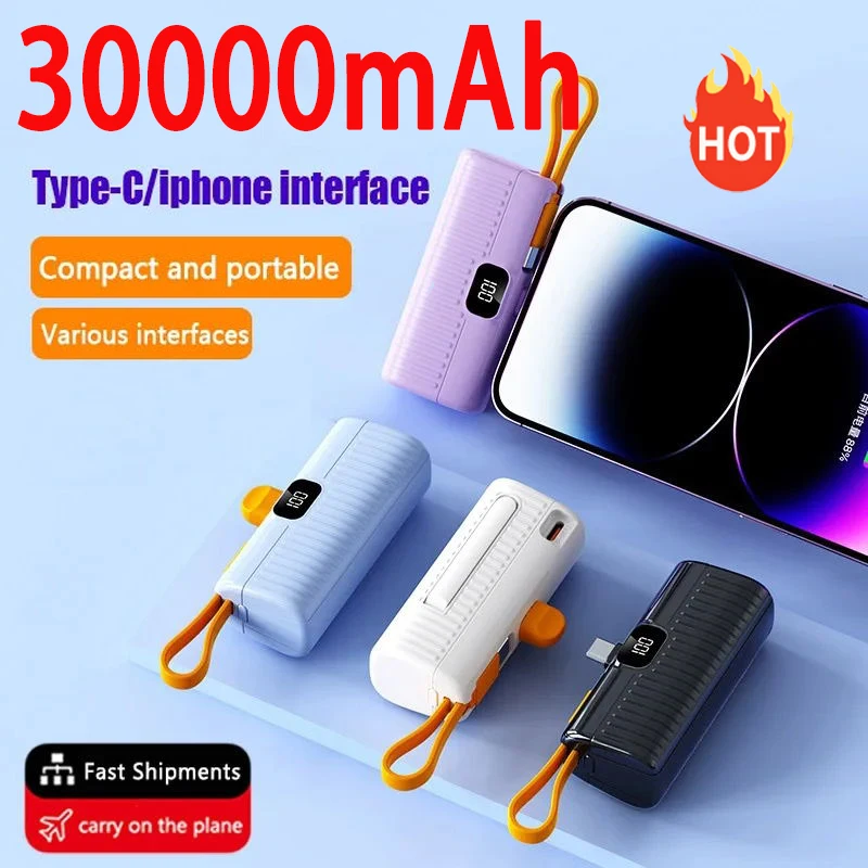 30000mAh Lightweight PowerBank Built Cable PowerBank Digital display External Battery Portable Charger For Samsung iPhone Xiaomi