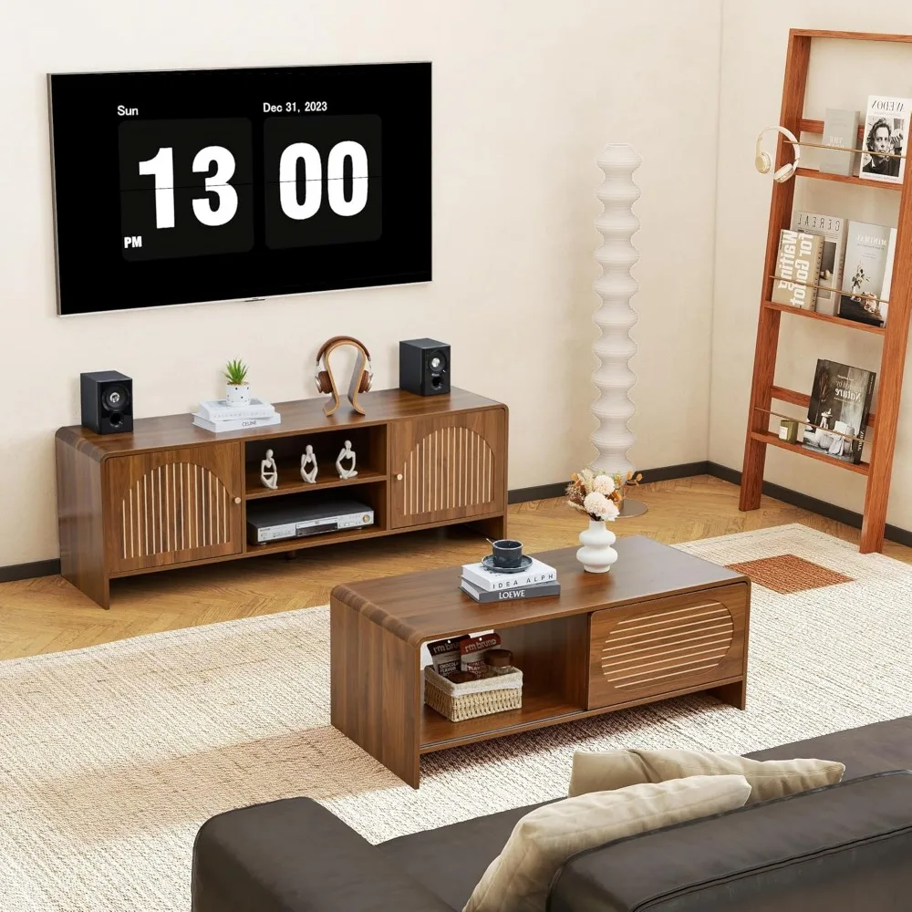 طاولة قهوة حديثة للتخزين في منتصف القرن مع باب منزلق، تصميم خشبي منحني، قطعة مركزية على طراز المزرعة #3