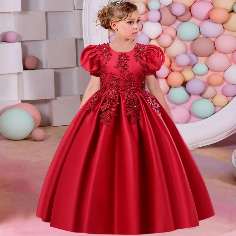 Vestido largo de satén con manga de burbuja y cuentas para niña, traje Formal de princesa para fiesta de graduación y noche, 3-10T