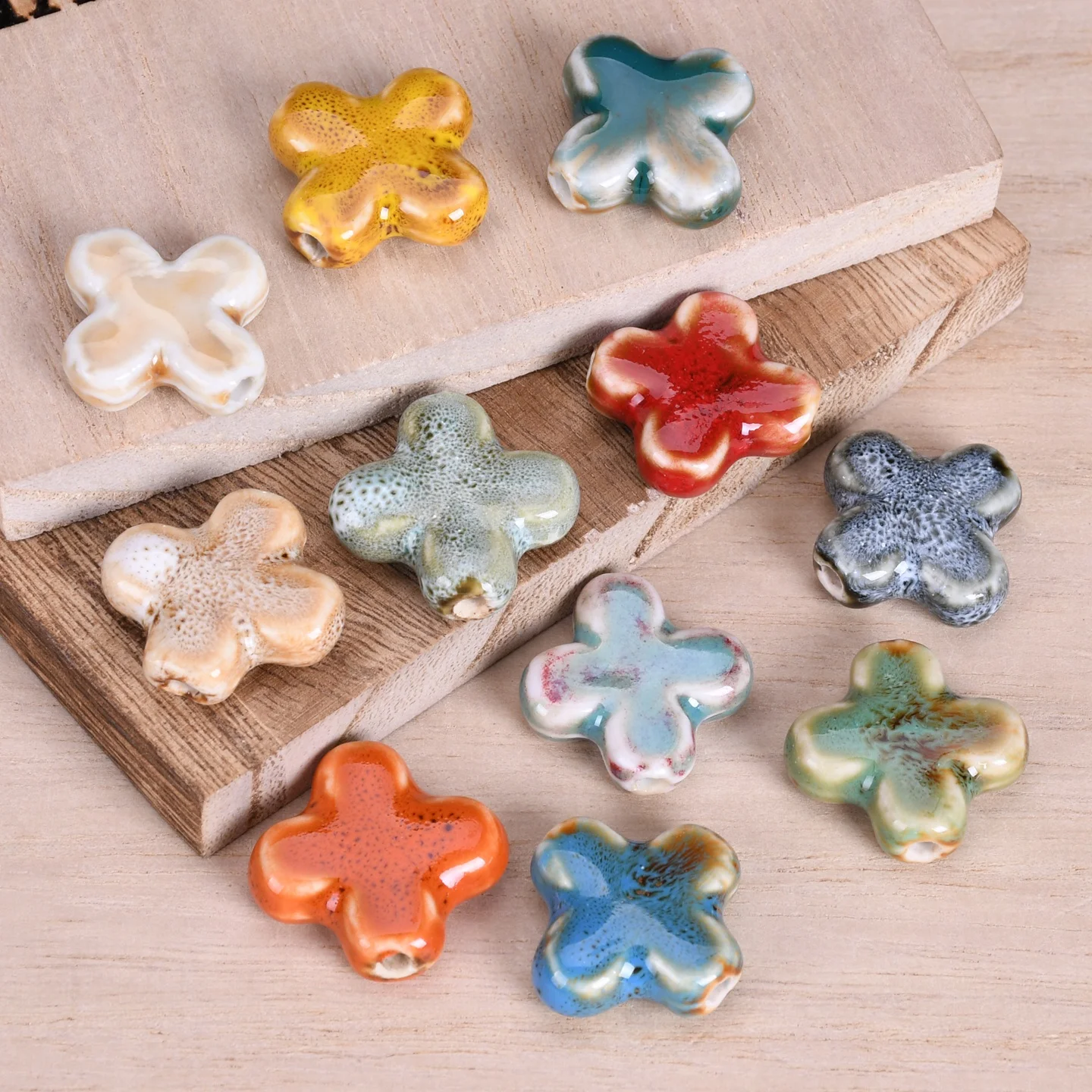 

5pcs Cross Shape 22mm Handmade Fancy Glazed Ceramic Porcelain Loose Beads For Jewelry Making DIY Crafts Findings