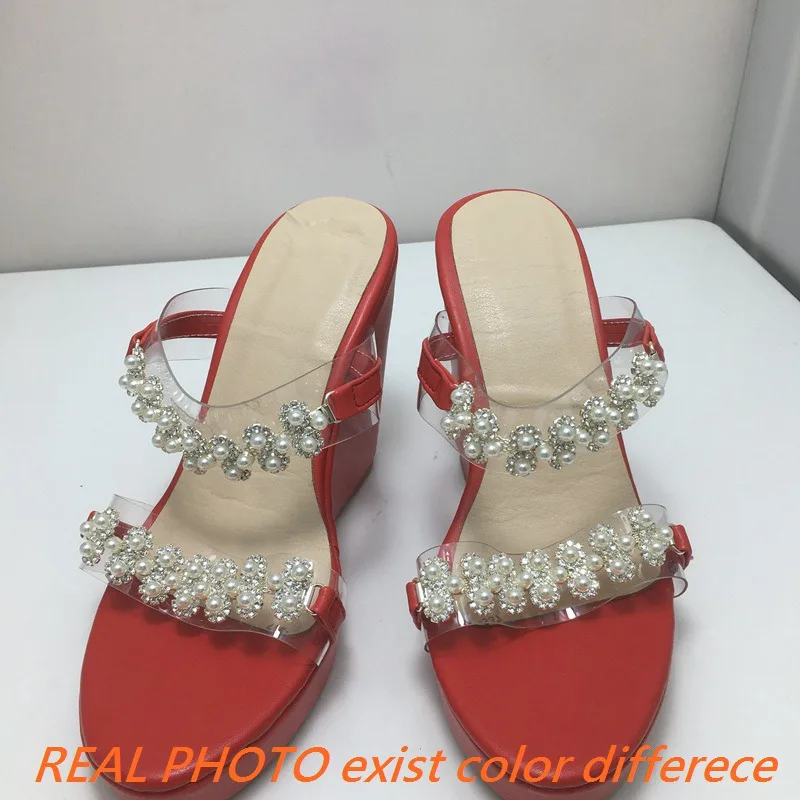 REAVE CAT Women Crystal Wedge Heel Sandals 11cm High Heel 2.5cm Platform Plus Size 48 49 50 Red Slip On view 5