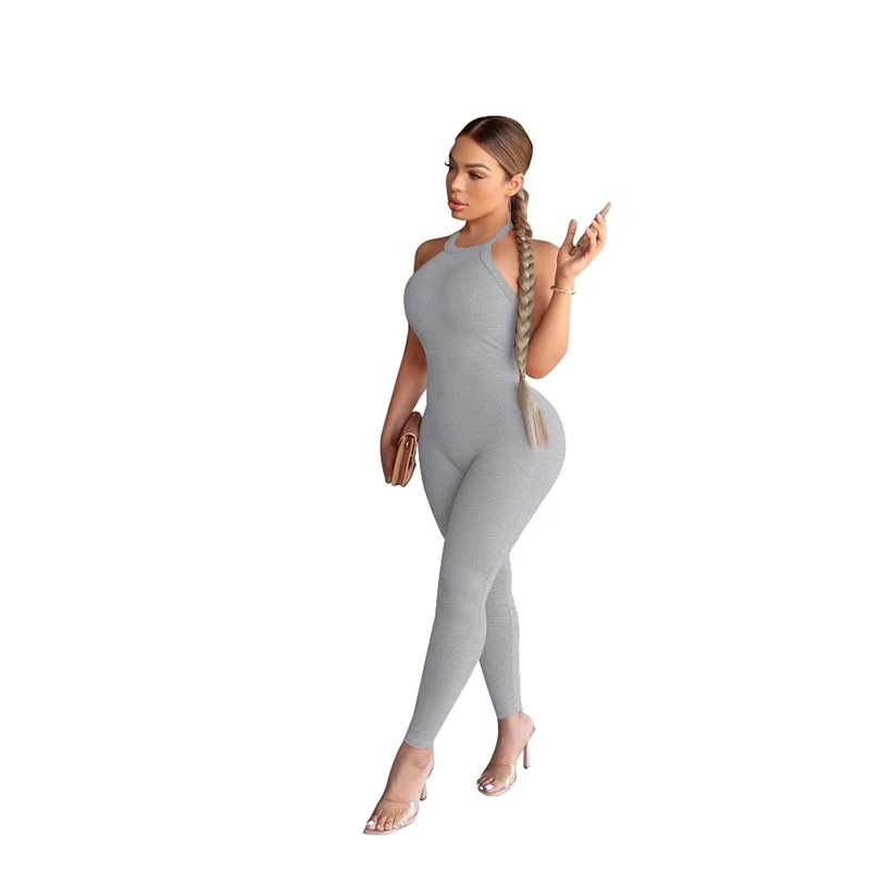 Sexy Halter Elastic Sleeveless Backless Fitness Jumpsuit Women Solid Color Skinny Casual Sportwear Jogging Suit Streetwear