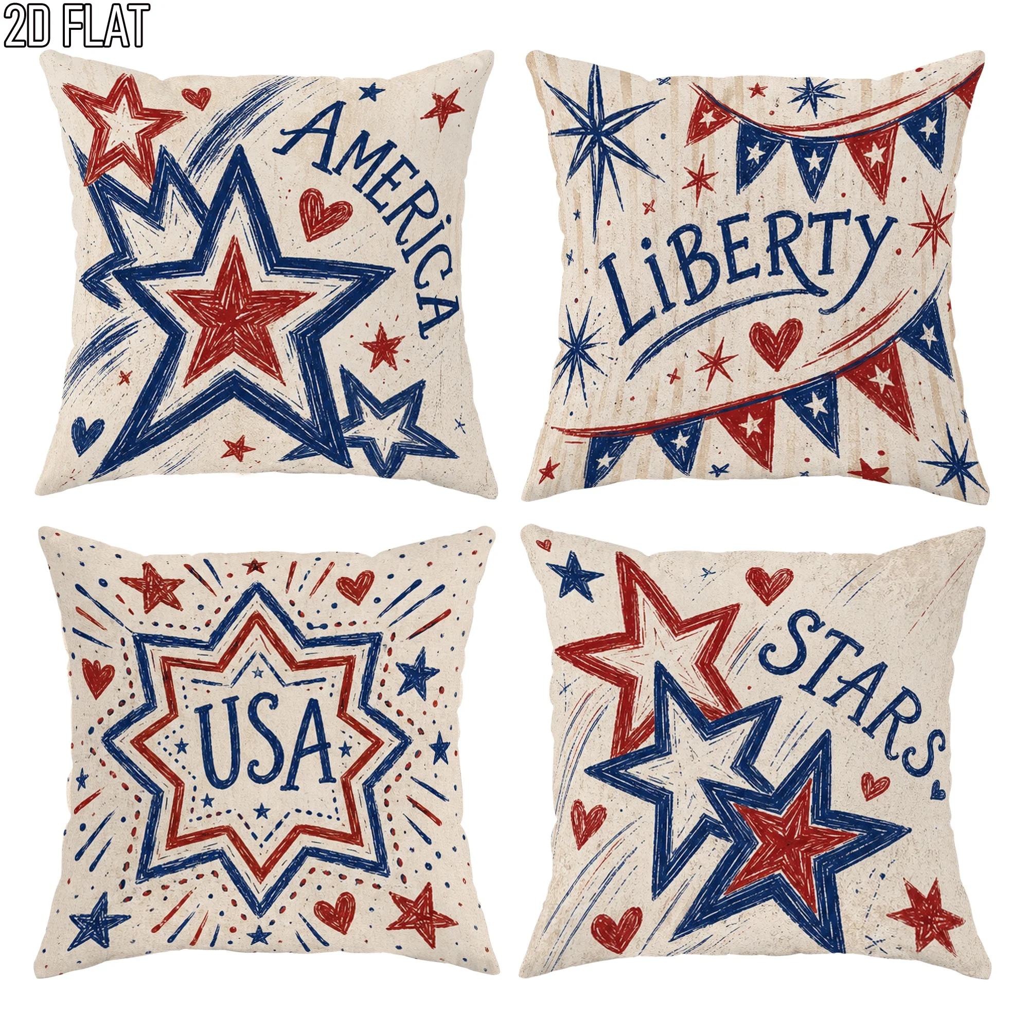 USA America Liberty Patriotic Pillowcase 4pcs Throw Cushion Cover Set 45x45cm Red White Blue Stars Decoration