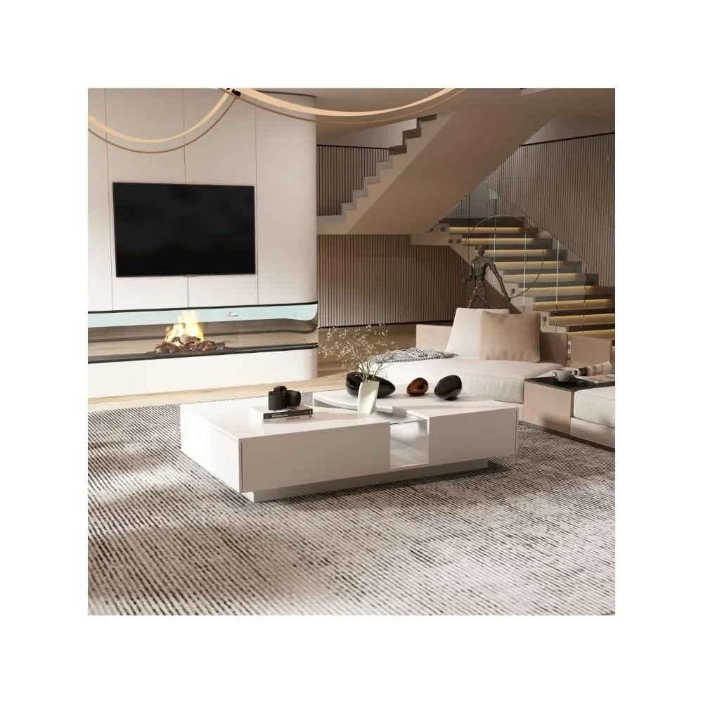 Modern Coffee Table with Lights & Glass Tabletop, Living Room Coffee Table with 2 Drawers, Central Table with Storage, White