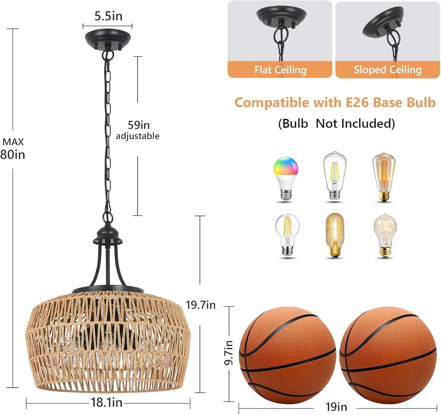 Grote Boerderij Kroonluchters Voor Eetkamer, 5-Licht Rotan Boho Kroonluchter Lamp Met Rieten Lampenkap, Kust H