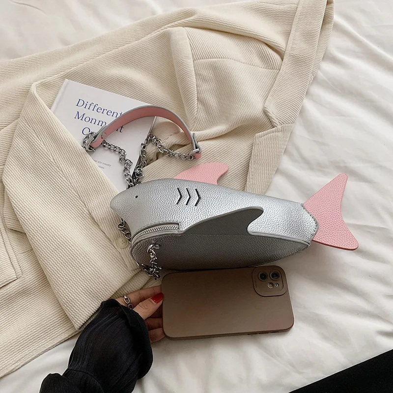 Cute Shark Shaped Shoulder Bag Cartoon Fish Design Crossbody Bags for Women Harajuku Animal Handbags Girls Chains Phone Purses