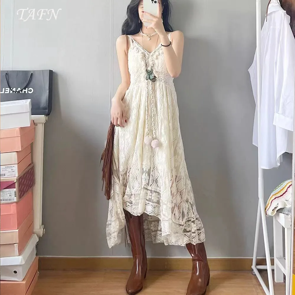 

TAFN Bohemian Retro Dresses Spaghetti Straps A-line Draped Lace Prom Party Dresses Sleeveless Ankle-Length Vintage Daily Dresses