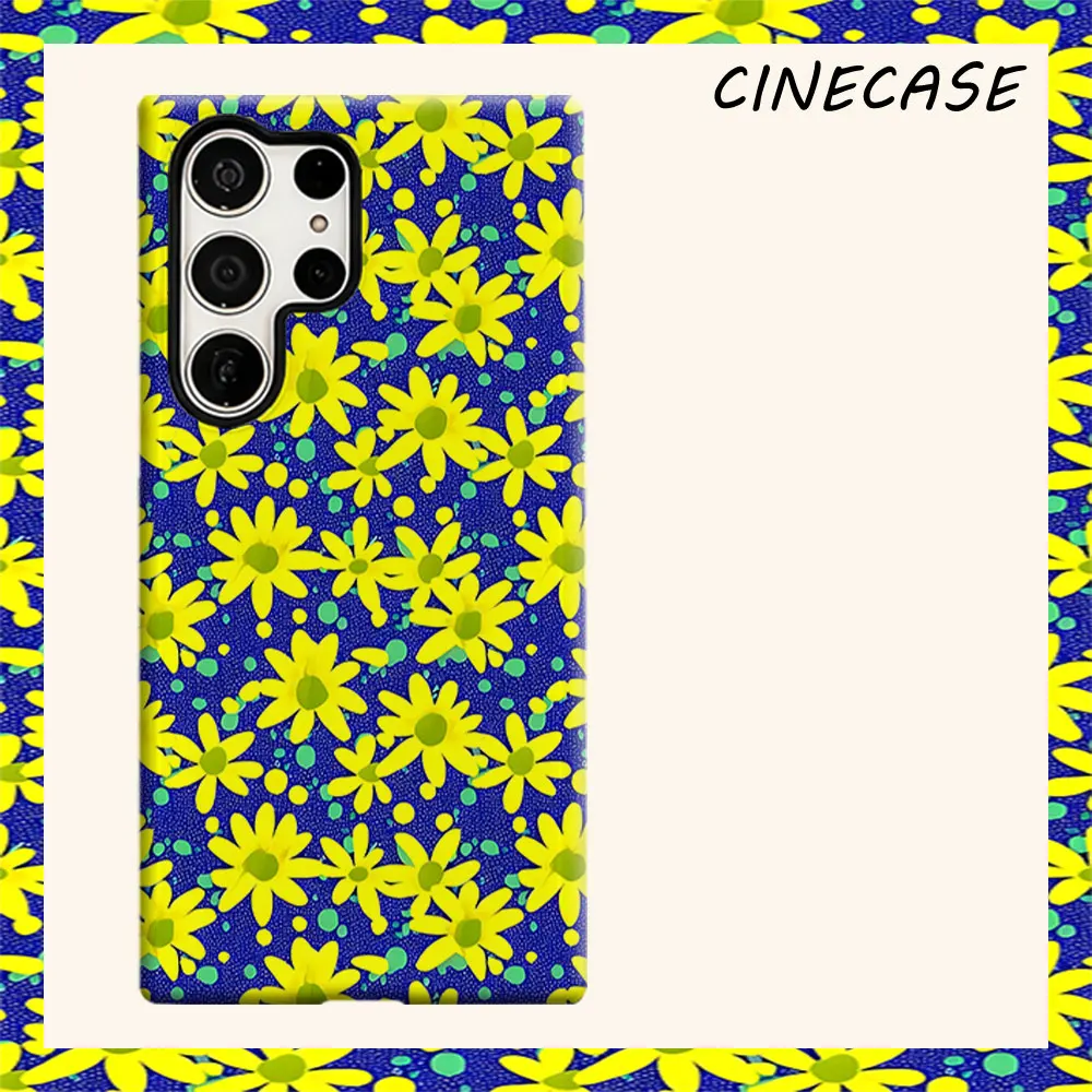 Yellow Daisy Blue Dot For Samsung Galaxy S26 S25 S24 A56 A36 Dual Layer Luxury Fashion Full Lens Protective Case