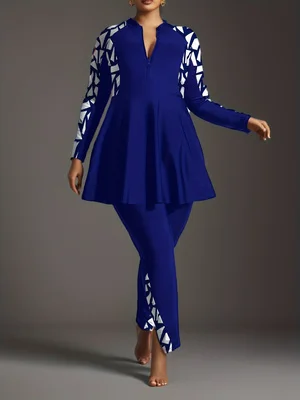 

Plus Size Muslim Swimwear Burkini, Women's Long Sleeve Zipper Swim Dress with Pants, Modest Geometric Print Full Coverage Bathin