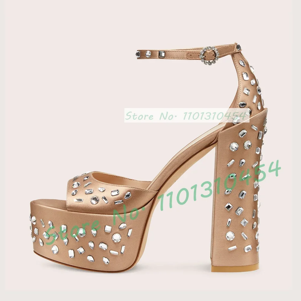 Shiny Gems Satin Platform Sandals Women Luxury Crystal Buckle Block Heel Ankle Strap Shoes Ladies Trending Round Toe New Pumps