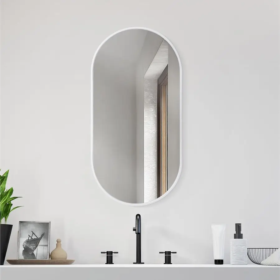 

Oval Wall Mirror 75 x 38 x 3 cm Wall Mounted Hanging Mirror with White Rustproof Aluminium Frame Round Mirror for Bathroom Bedro
