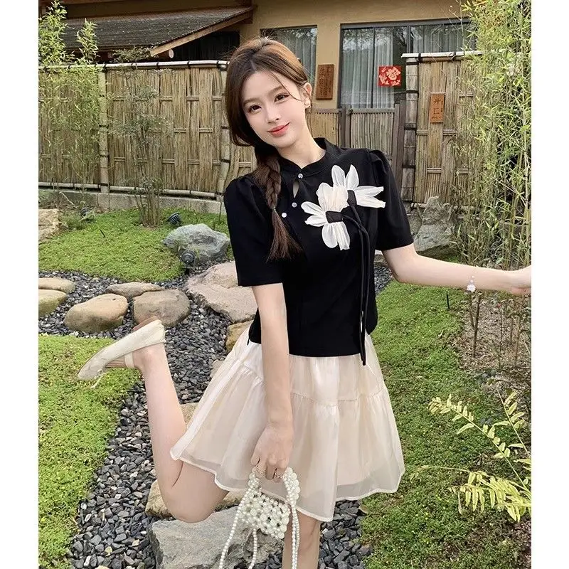 Chinese Style Fashion Set for Women, Summer Gentle Frog Button T-shirt with Mesh A-line Skirt Two-piece Set