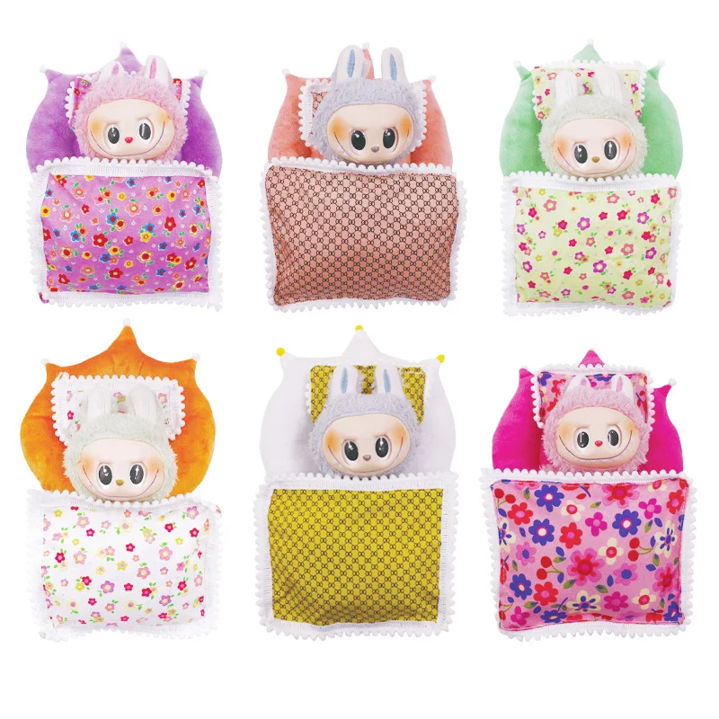 Kawaii Labubu Puppe Mini Schlafsack Bett mit Kissen süße Puppenhaus Dekoration Ornament Cartoon Mädchen Puppe Spielzeug Zubehör