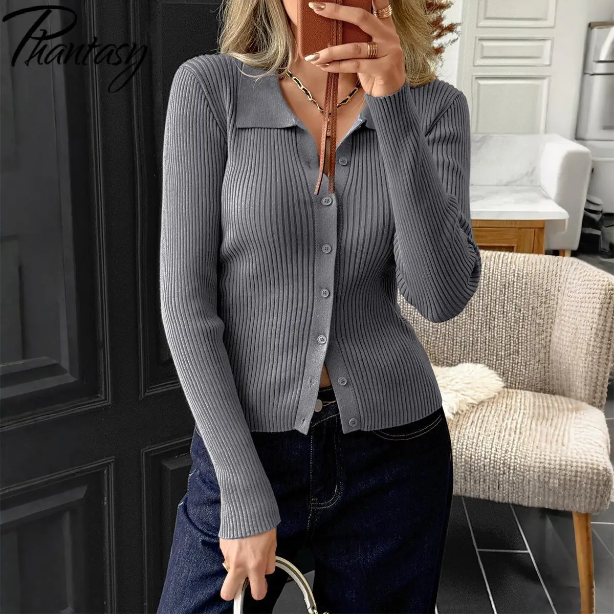 Phantasy Bottoni sexy con scollo a V Cardigan rosa Top slim a maniche lunghe invernali Elegante camicetta classica da donna da ufficio Top vintage