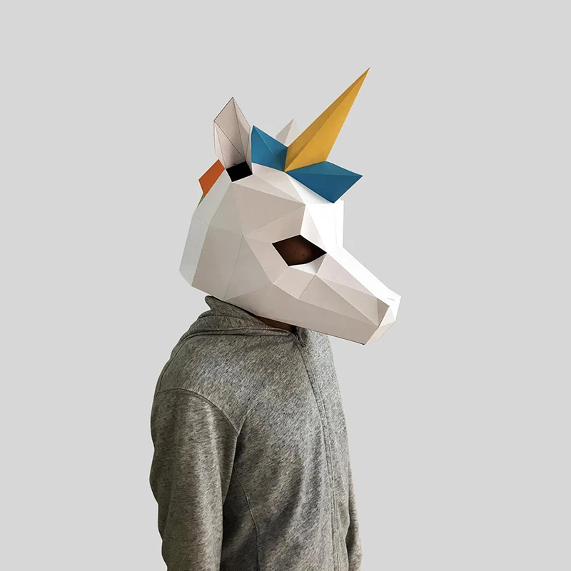 3D Paper Mold Unicorn Head Mask Headgear Animal Model Halloween Cosplay Props Women Men Party Dress Up DIY Craft Masks