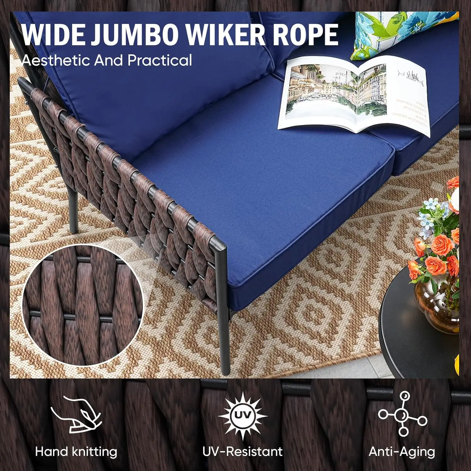 5 Pieces Patio Furniture Set, Patio Conversation Set with Armchairs, Wide Jumbo Rope Wicker Deep Seating with 2 Round Side Table