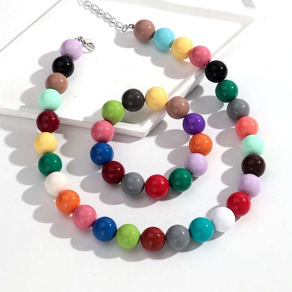 2 Teile/satz Boho Bunte Acryl Runde Perlen Halsband Halskette Armbänder Geometrische Harz Ball Perlen Party Schmuck Set für Frauen Neue – Detail 17