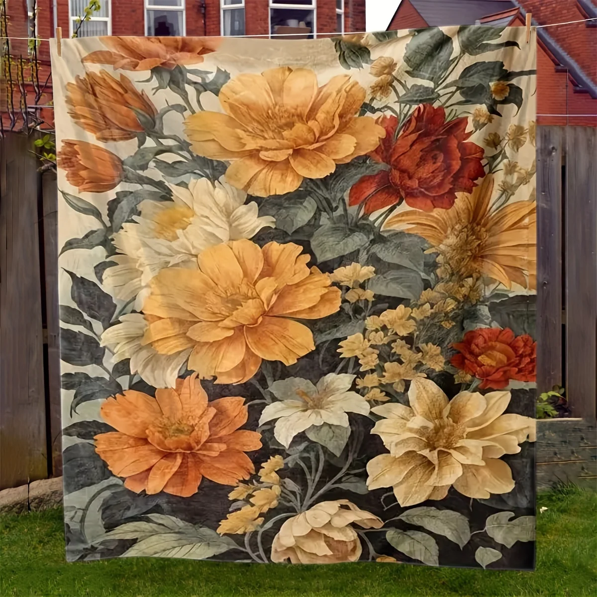 Large Botanical Floral Printed Throw Blanket for Sofa Couch Home Decoration Cozy Autumn Fall Seasonal Decorative Plush Wrap Gift