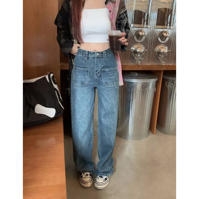 

Blue Jeans Women Fashion High Waisted Vintage American Streetwear Denim Pants Female 2023 Autumn Y2K Straight Wide Leg Trouser