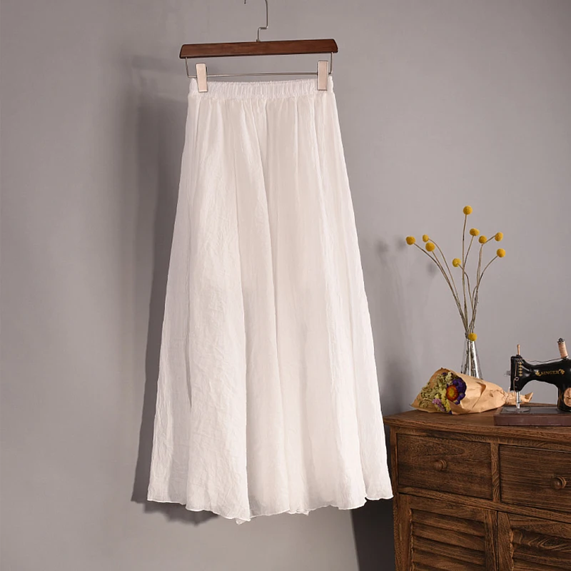 Women Long Skirt Mid-calf Casual Linen Summer Elastic Waistband One Size Expansion Hemline Lined Skirts All-match