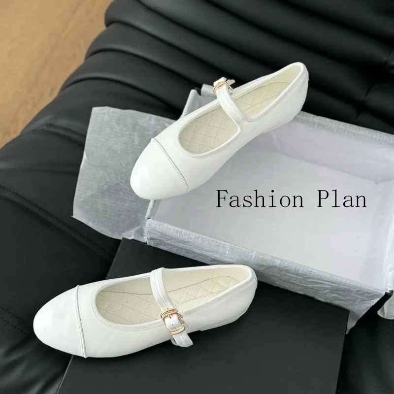 Summer 2024 New Women\'s Round Toe Ballet Elegant Black Classic Leather Flats, Simple Solid Color Sexy, Small Fragrance Buckle Fl