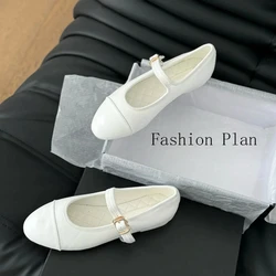 Summer 2024 New Women's Round Toe Ballet Elegant Black Classic Leather Flats, Simple Solid Color Sexy, Small Fragrance Buckle Fl