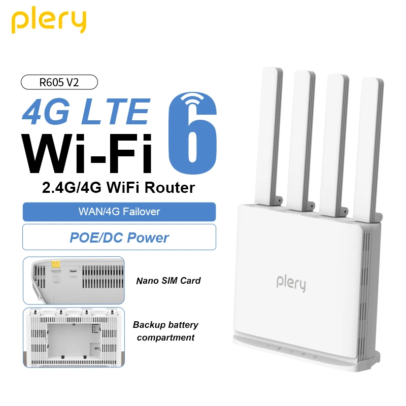 

PLERY WiFi6 300 Мбит/с 4G LTE CAT4 Открытый маршрутизатор Вставка SIM 2,4 ГГц Wi-Fi-сигнала Маршрутизатор Беспроводной удлинитель Усилитель Plug and Play