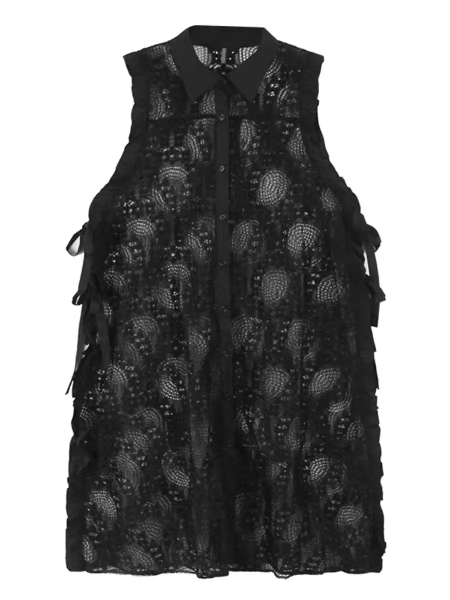 Elegant Lace Vest Women's Mid-Length Pure Color Spring Summer New Style  Collar Single Button Closure Fashionable Top