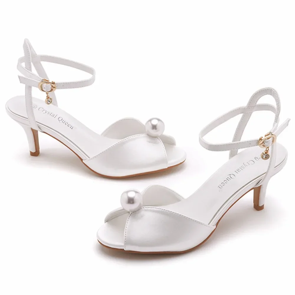 Summer Shoes For Women Sandals Silk 6.5CM Low Thin Heels Pearl Buckle Strap Hollow Peep Toe Women\'s Shoes White Dress Sandals