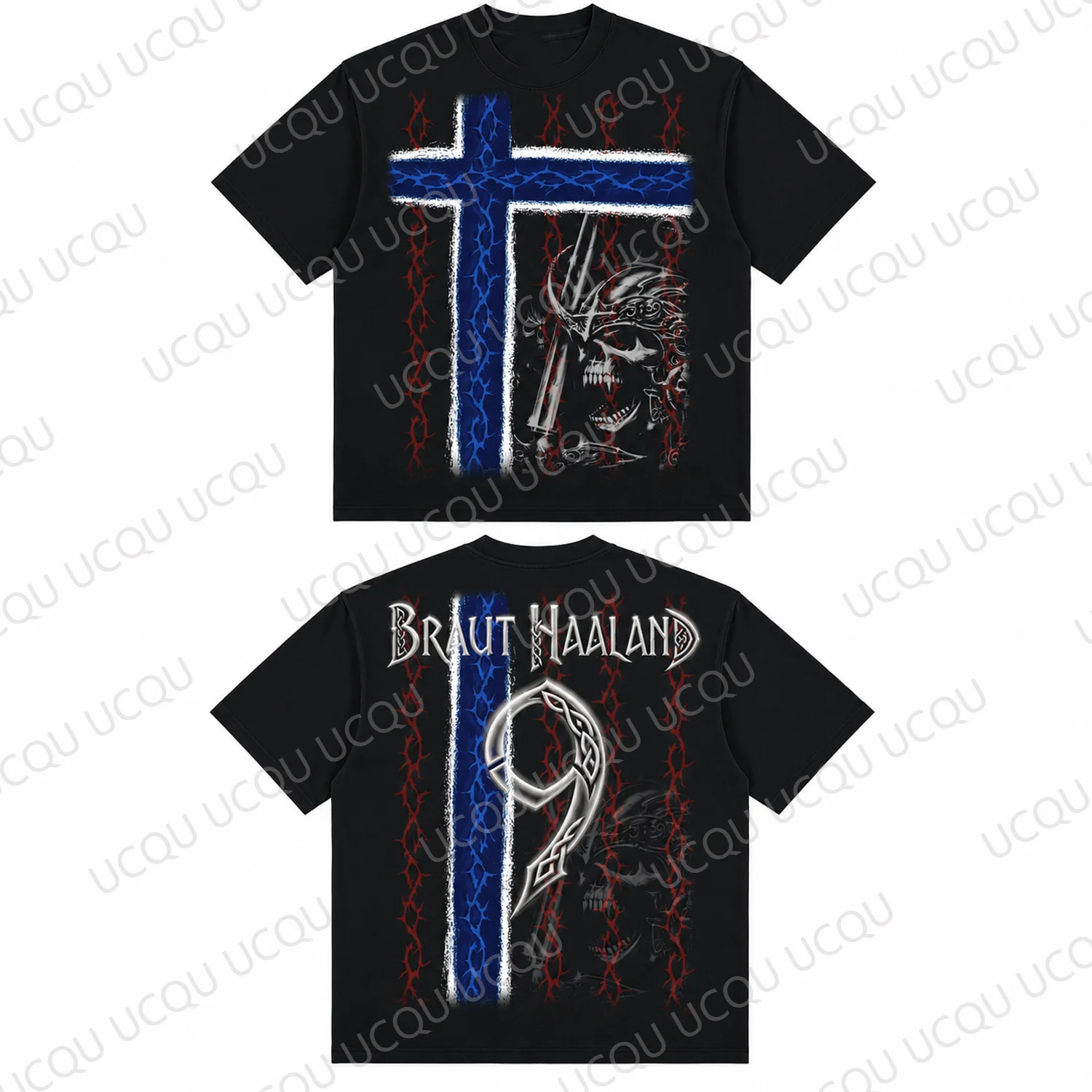 Braut Haaland 9 Norwegen Wikinger Totenkopf Grafik T-Shirt Doppelseitig Unisex Tee Fußball Fan Geschenk Streetwear