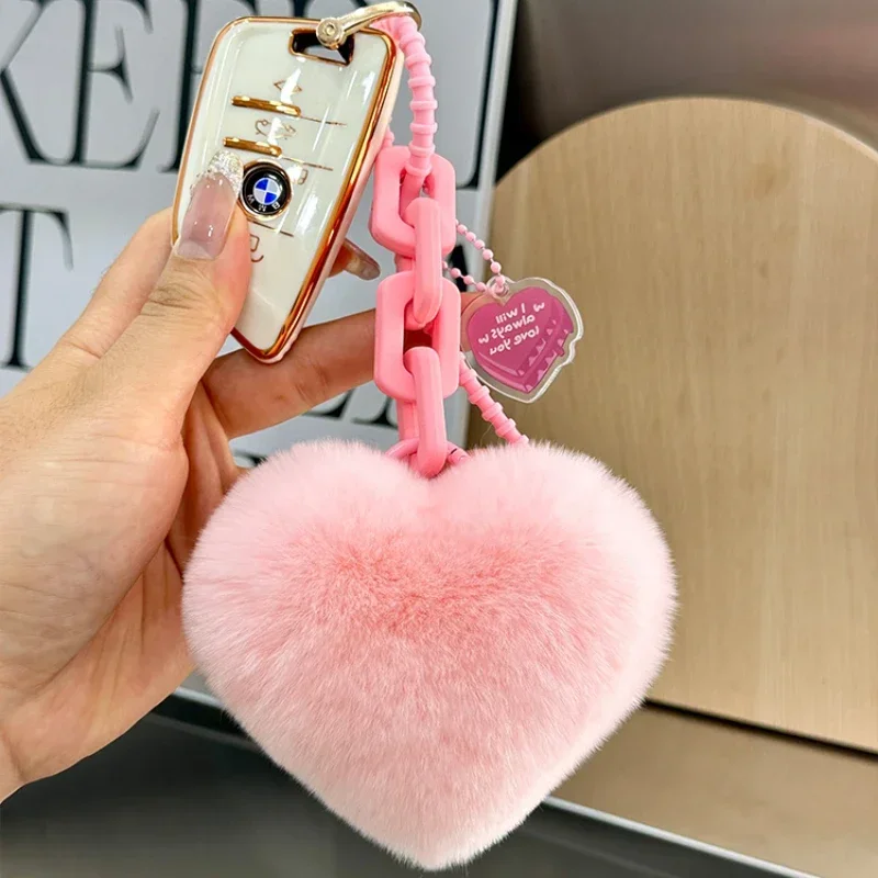 Wholesale Real Rex Rabbit Fur Heart Keychain Creative Silicone Cute Heart Bag Charm Car Keychain Decoration Accessories Gifts