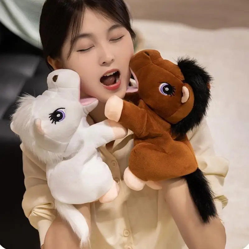 A5YC 움직일 수있는 입으로 부드러운 귀여운 플러시 손 인형극 대화 형 말 박제 동물 장난감 척 놀이 스토리 텔링 어린이 선물