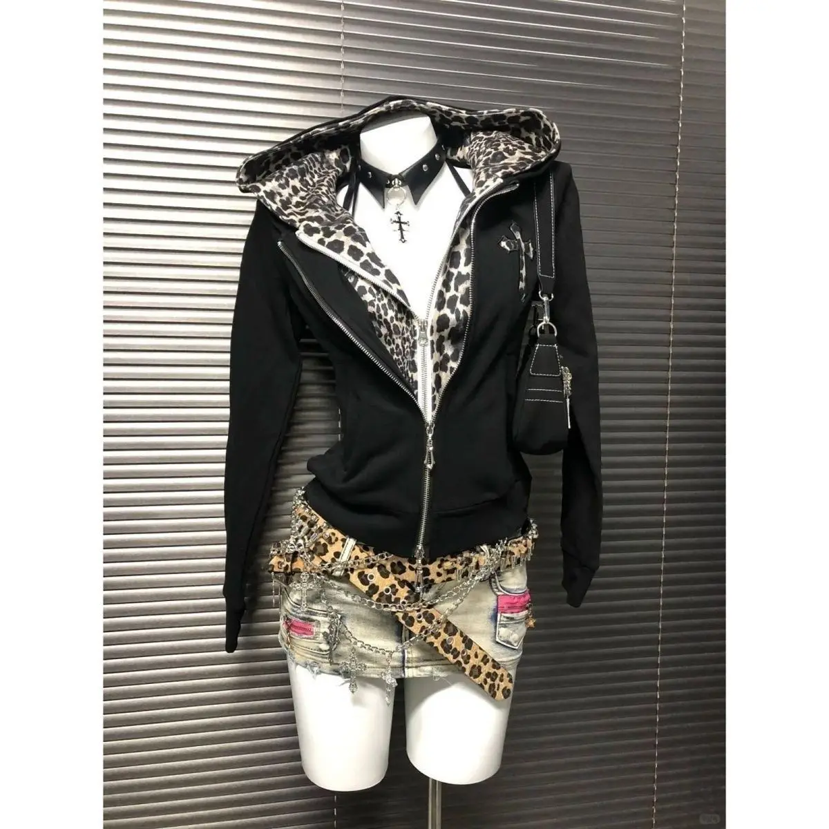 American Retro Fake Two Piece Hooded Jacket Women Leopard Print Zipper Long Sleeve Slim Fit Streetwear Indie Aesthetic Outerwear