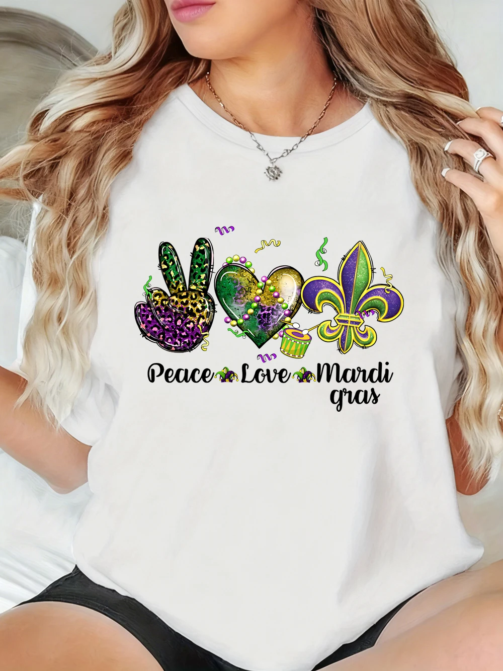 Happy Carnivals Mardi Gras Peace Love Prints T-Shirts für Damen, lässiges, lockeres T-Shirt mit O-Ausschnitt, kurzärmelige Oberteile, weiche Sommerkleidung