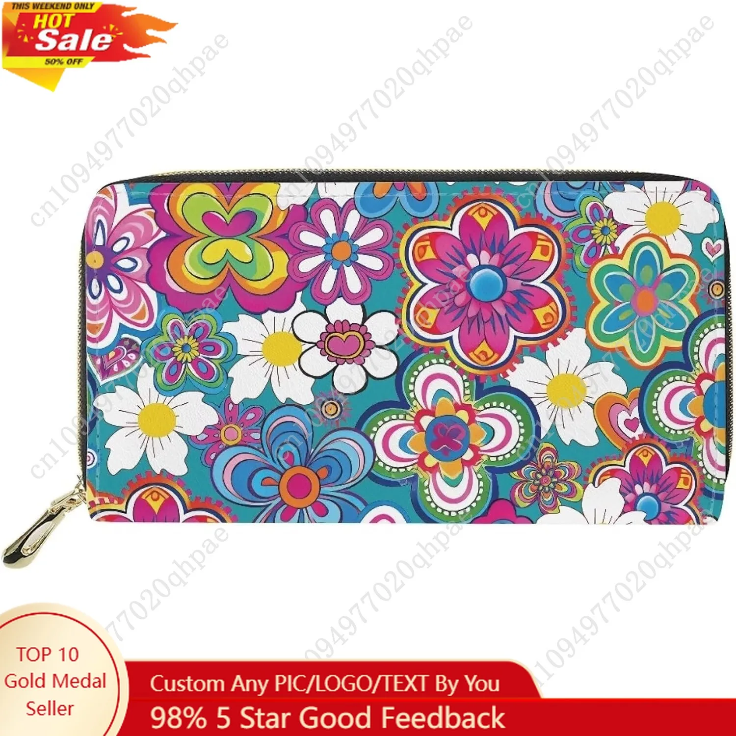 

doginthehole Women's Leather Slim Wallet Boho Blossom Large Capacity Wallets RFID Blocking Lady Long Purse Clutch with Zipper Po