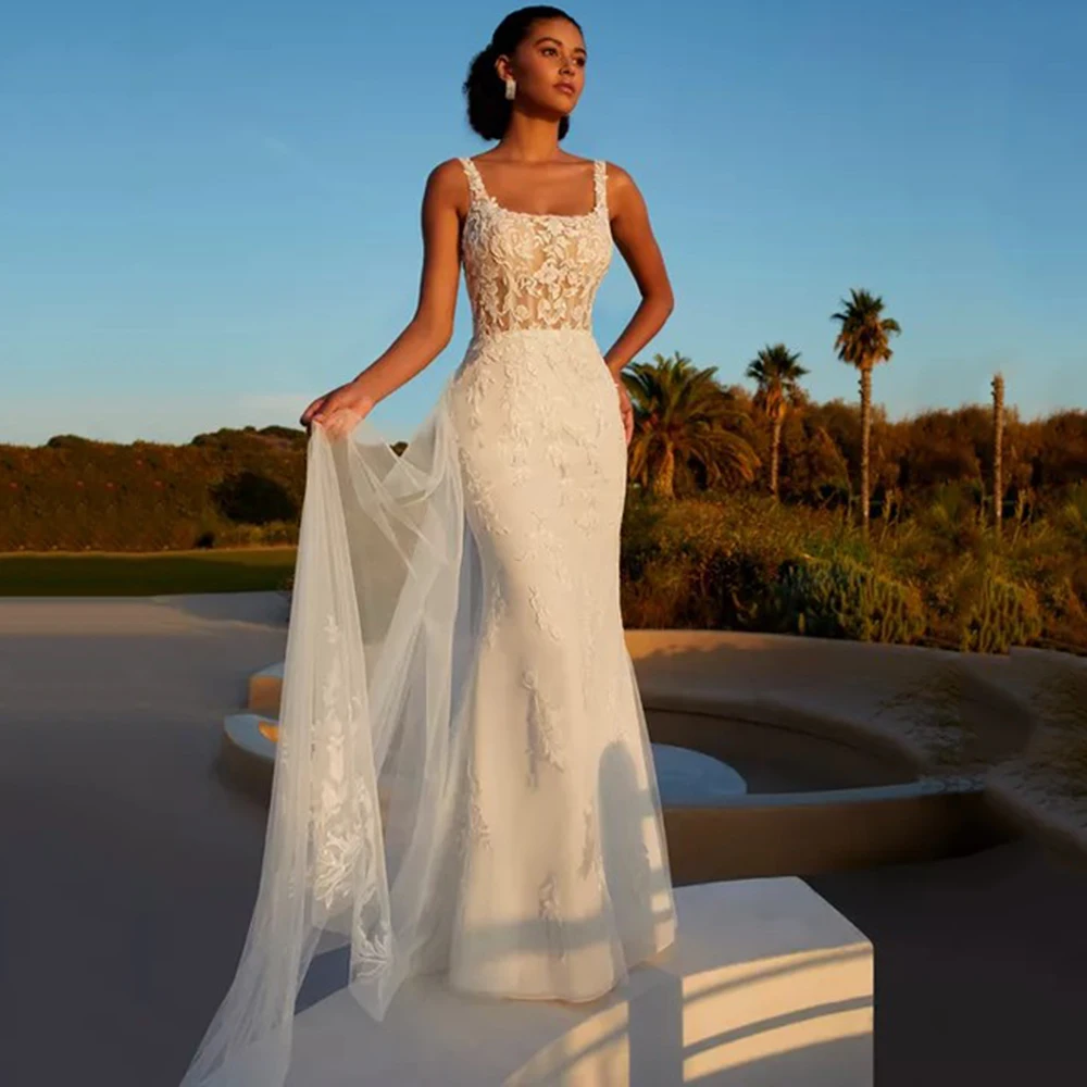 Sexy Square Collar Wedding Dress With Detachable Train Sleeveless Lace Applqiues Boho Mermaid Bride Gown Backless Robe de mariée