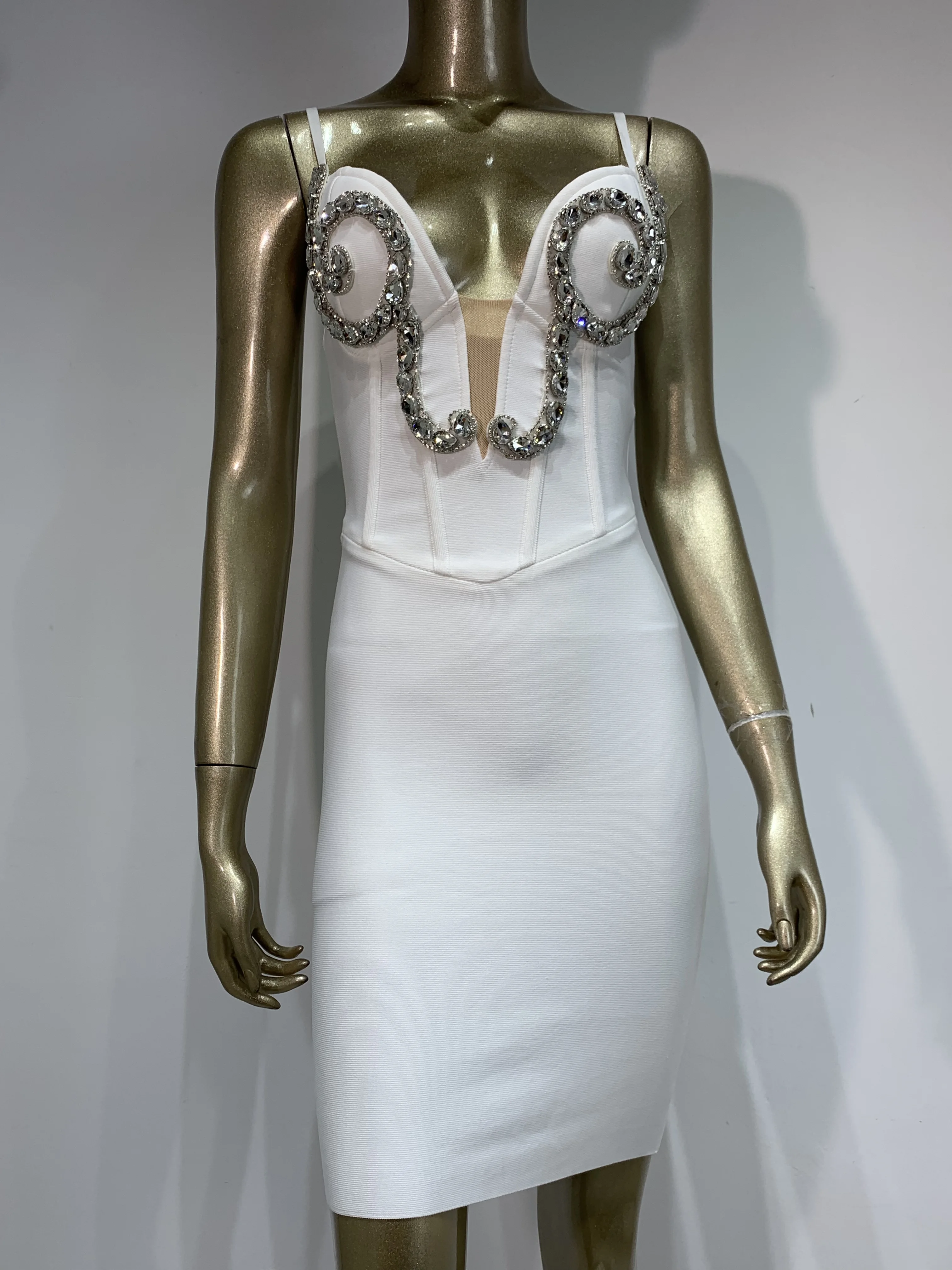 ผู้หญิงคนดังเซ็กซี่BacklessเพชรสีขาวมินิBodycon Bandage Dress 2025 Elegant Evening Club Partyชุด