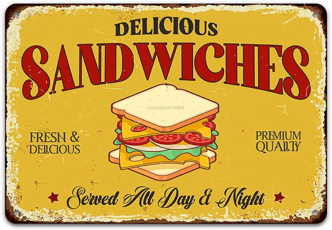 Delicious Sandwiches Tin Signs, Fast Food Restaurant Funny Vintage Aluminum Retro Metal Decorative Sign, Iron Painting Art Wa