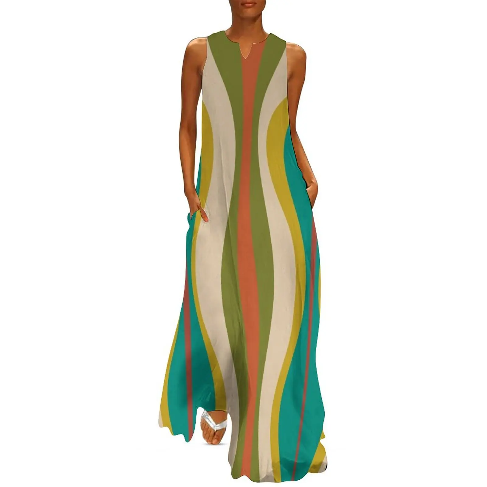 

Hourglass Abstract Midcentury Modern Pattern in Turquoise Teal, Mustard, Orange, Olive, and Mid Mod Beige Long Dress