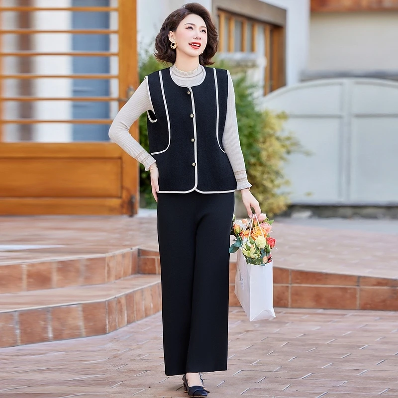 

Модный вязаный комплект для женщин среднего возраста: осенняя новинка, свободный крой, длинные брюки, круглый вырез, застежка на одну пуговицу, стандартный размер.