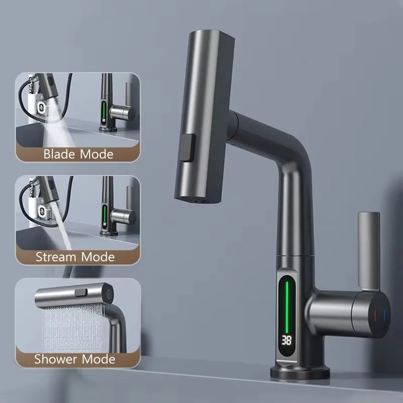 Rubinetto per lavabo con display digitale a temperatura a cascata Sollevare verso il basso Spruzzatore a flusso Miscelatore per lavabo acqua calda fredda Rubinetto per il bagno