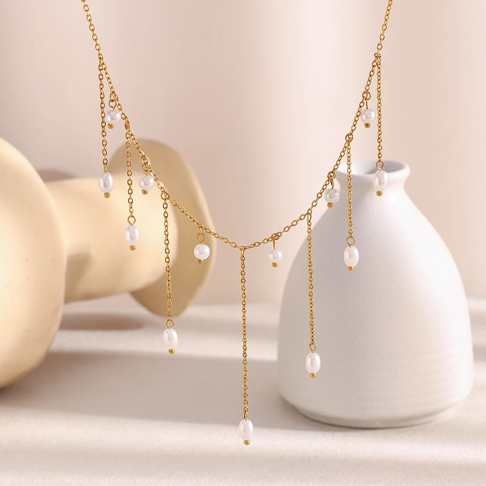 E.B.belle New Exaggerated Imitation Pearl Tassel Necklace PVD Plated Stainless Steel Women Wedding Party Neck Jewerly
