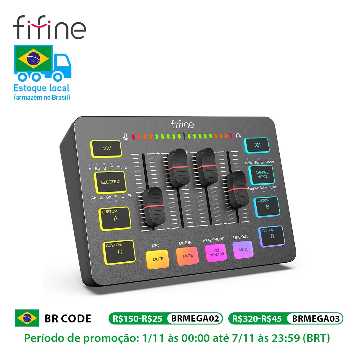 Mixer de jogos USB FIFINE com interface de microfone XLR, 48V Phantom Power, RGB, placa de som para podcasting streaming AmpliGame SC3