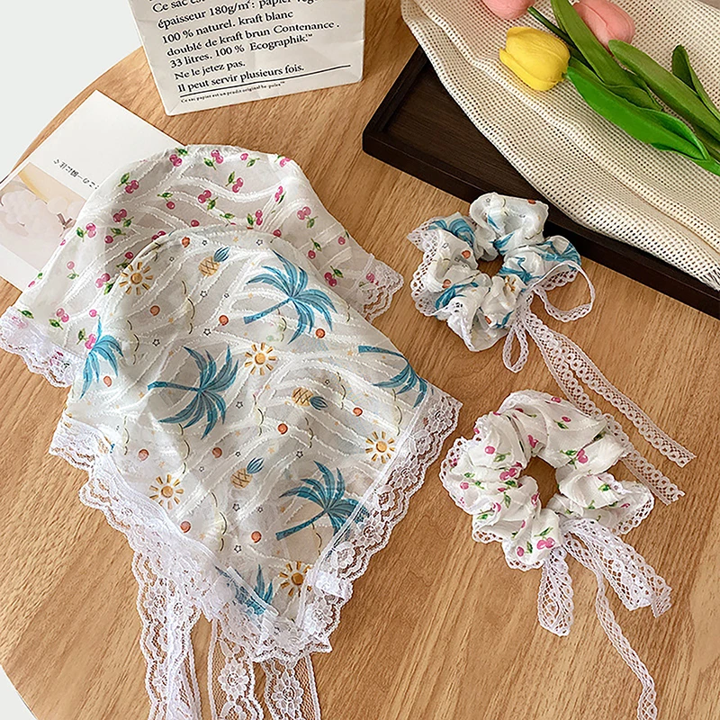 Bufanda de encaje con estampado Floral para mujer, pañuelo transparente para la cabeza, sombrero, banda triangular Retro para el cabello, accesorios de diadema para fotos de viaje, nuevo Ins