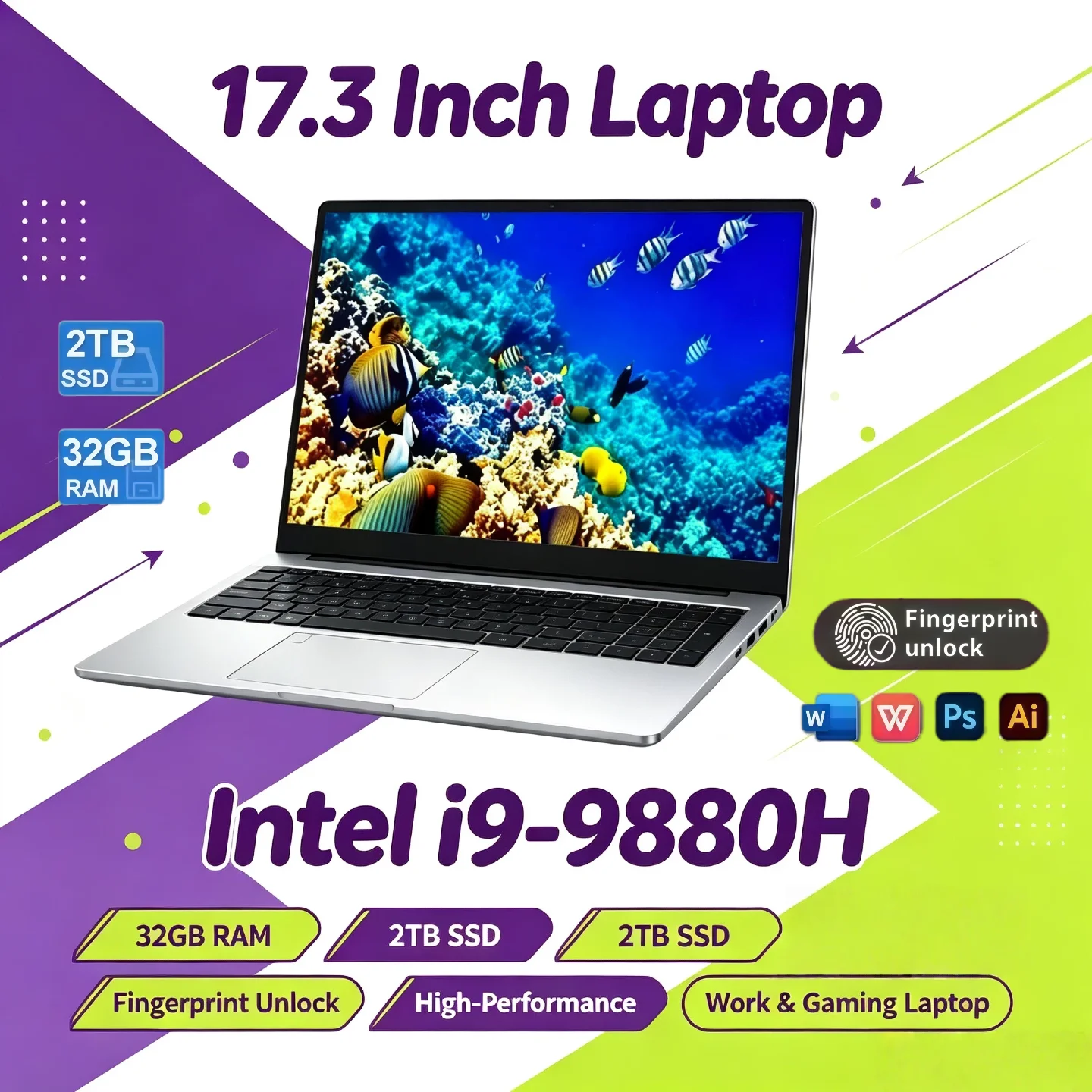Intel Core i9 9880H 17.3 Inch Full Size Laptop 32GB RAM 2TB SSD Fingerprint Unlock High Performance Work Gaming Pro