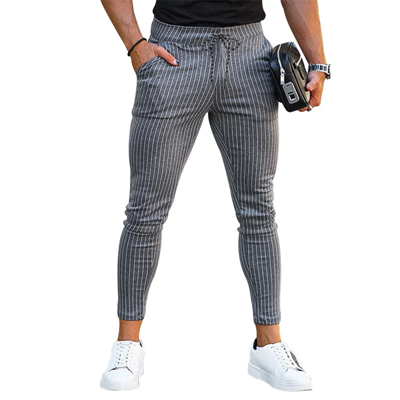 Pantalones pitillo ajustados de cintura alta para hombre, pantalones a rayas informales, ropa de calle de moda, nueva tendencia, cuatro estaciones